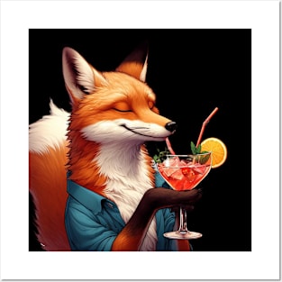 a fox with a drink АI Posters and Art